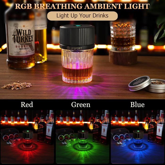 Kit de fumoir à Whisky électrique avec 4 Modes d'éclairage, 6 copeaux de Bois, sans Butane, pour Hommes, Papas et Maris