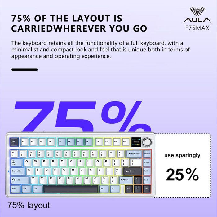 Clavier Gaming Mécanique Sans Fil Aula F75 75% - 3 Modes, Structure Gasket, Switch Interchangeable, Bouton RGB RGB-Bleu glacier