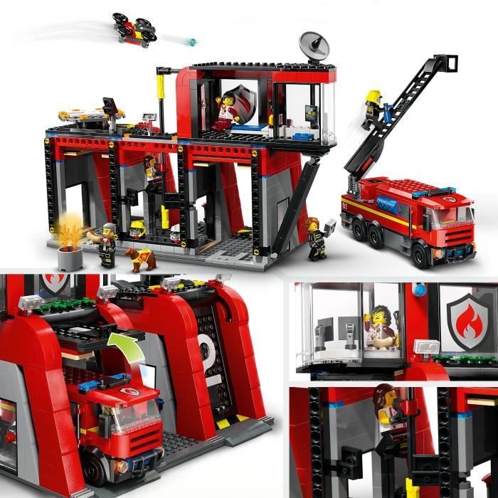 LEGO® 60414 City La Caserne et le Camion de Pompiers, Jouet de Figurine de Chien et 5 Minifigurines, Cadeau Enfants