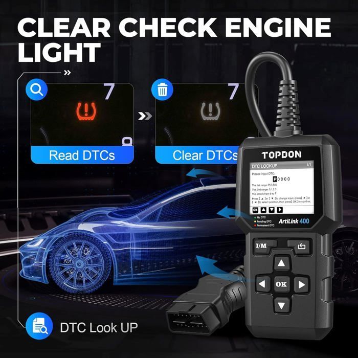 Scanner de diagnóstico automotivo TOPDON AL400 OBD2, leitor de códigos multimarcas em francês.
