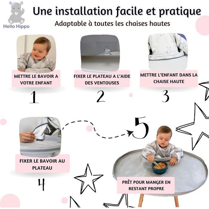 Hello Hippo® Kit 2 bavoirs et plateau de diversification imperméables gris à motif pour chaise haute bébé - Bavoirs + plateau
