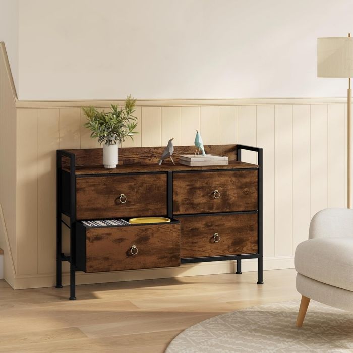 WOLTU Slaapkamer Commode - 4 Stoffen Laden - Stalen Frame - Gebrand Hout Effect + Zwart W0ITT7055