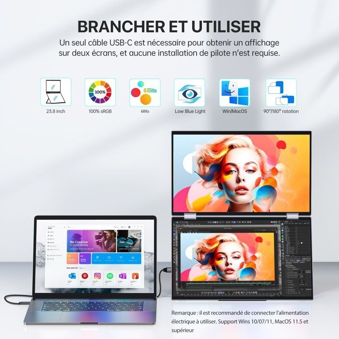 UPERFECT 15,6-inch laptopmonitor met dubbel scherm, Full HD 1080p, VESA-compatibel, met HDMI en volledig functionele Type-C-poort.