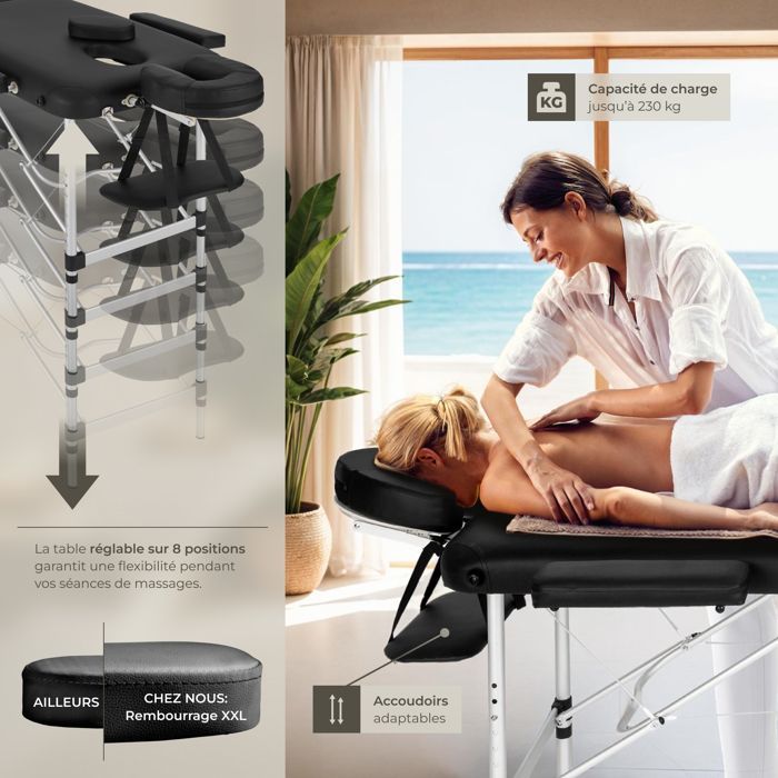 Table de soins - TECTAKE - Table de massage pliante 2 zones portable housse confort optimal résistante en aluminium - Noir