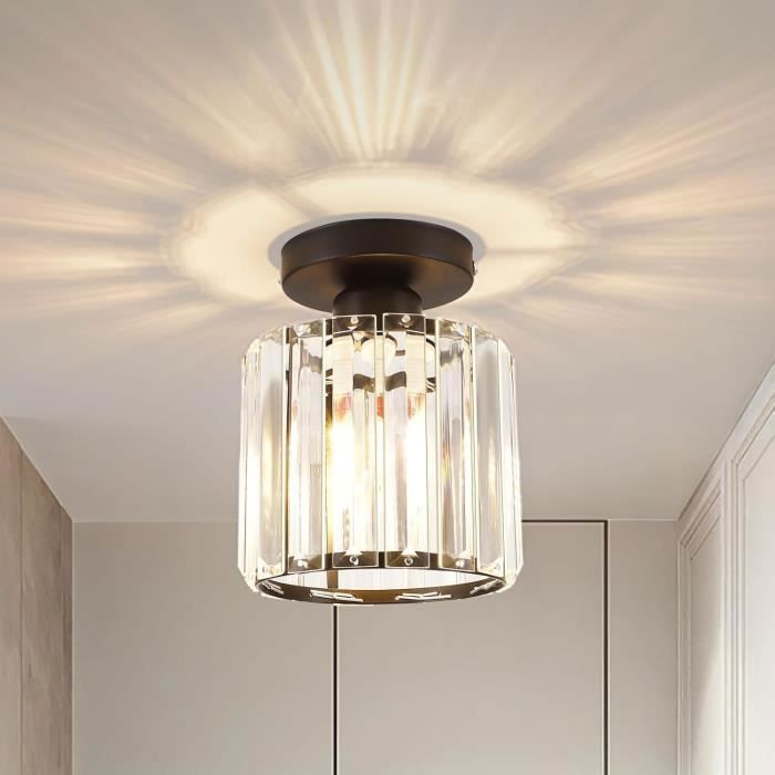 SAYOO Plafonnier en cristal moderne, Lustre plafonnier en cristal noir Abat-jour Cylindre Ø15cm, 1pcs pour couloir entrée cuisine