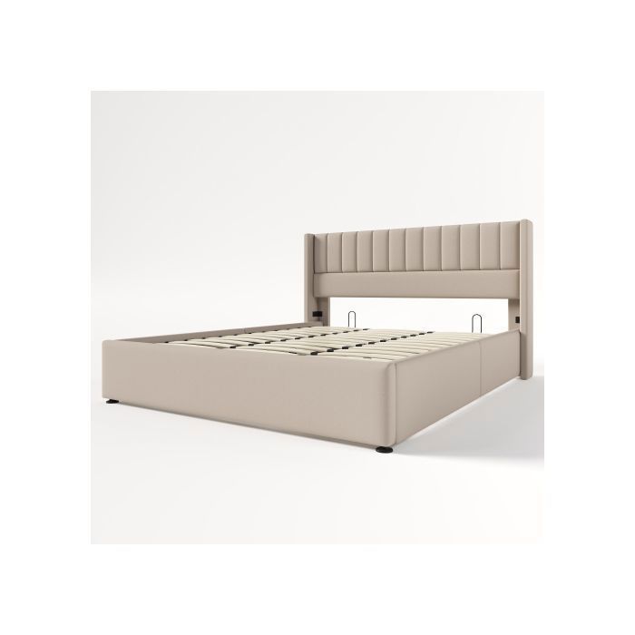 Letto contenitore 180x200 cm, letto idraulico imbottito con rete a doghe, letto matrimoniale in lino beige