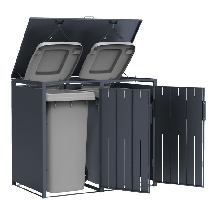 AXI Luke Cache Poubelle en Métal, Anthracite/Effet Bois - Abri poubelle pour 2 conteneurs - Max. 240L - Abri Poubelle Extérieur