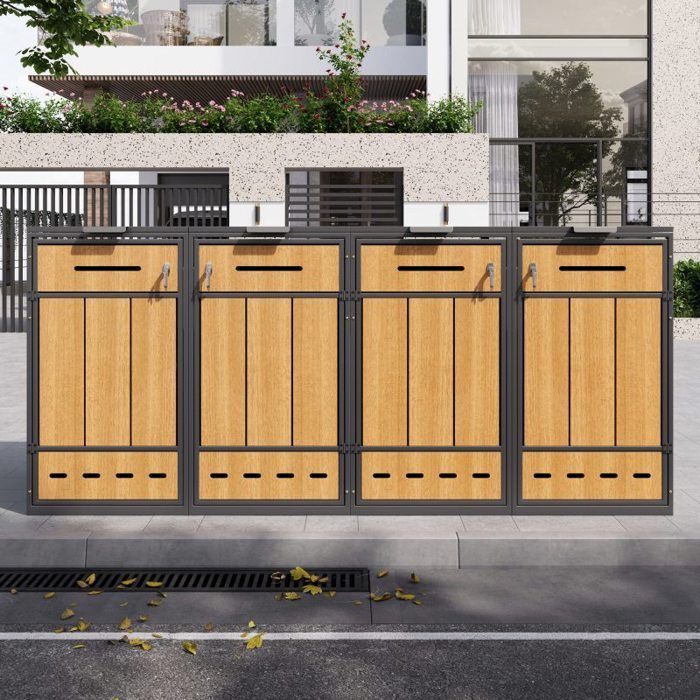 Lixeira externa - LANGTU - 4x120–240L - Aço com aparência de madeira - Com fechadura - Ventilação integrada