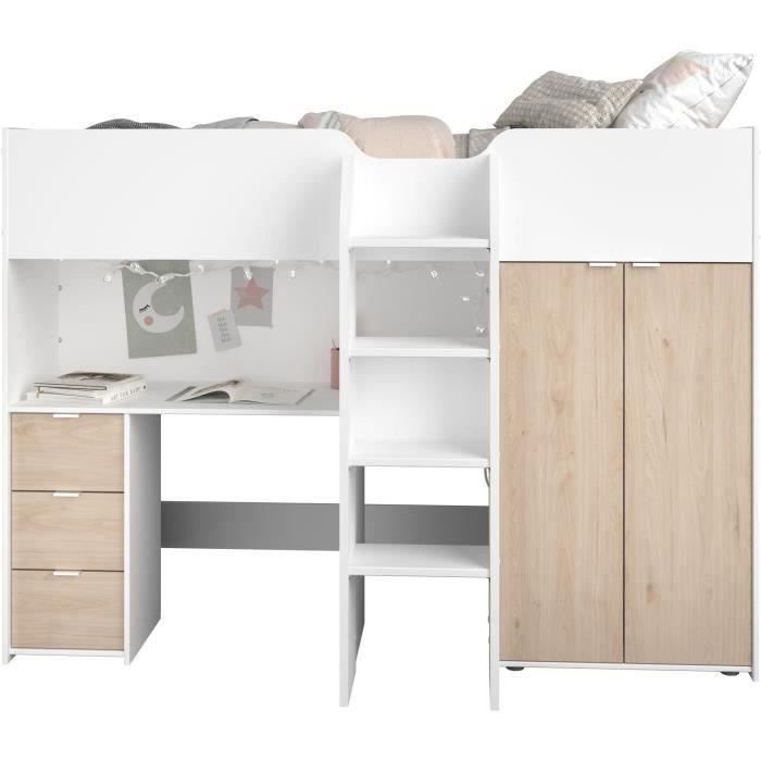 Cama alta infantil - TOM - Blanca y roble - Armario, escritorio y base de cama incluidos