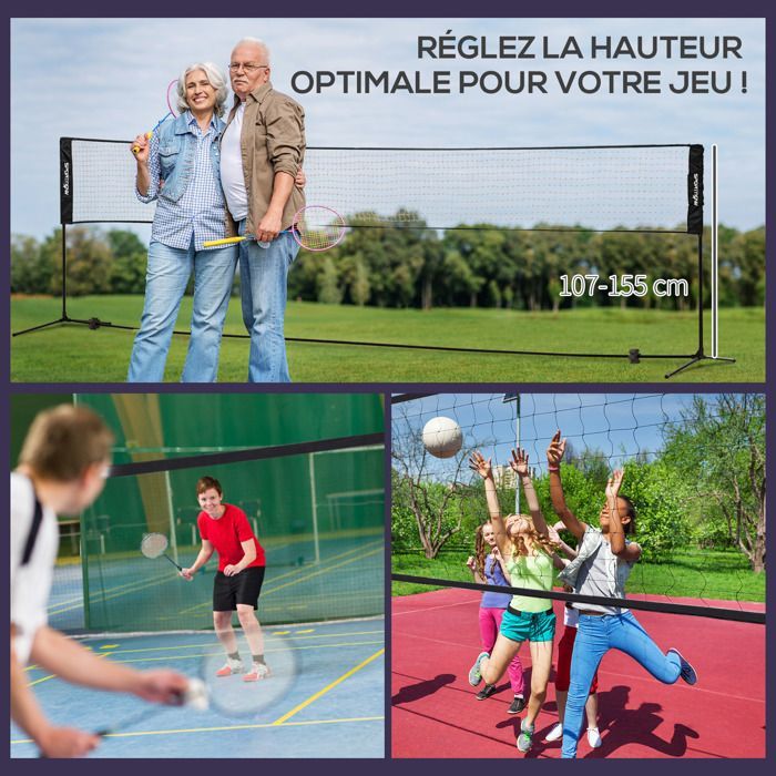 Complete badminton, pickleball and volleyball set - SPORTNOW - 3 in 1 - with adjustable height net 107-155 cm - black and green