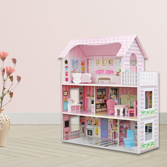 Rijoka Maison de poupée en bois avec meubles - 8 pièces - 3 étages - Rose classique - 62x27x70 cm