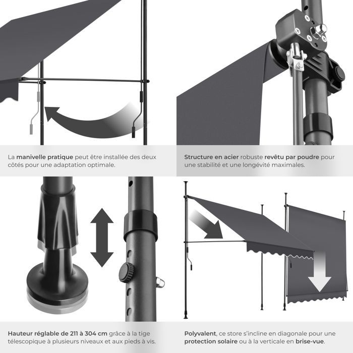 Store banne de jardin - TECTAKE - Store à pince sans perçage avec manivelle réglable en hauteur - Noir/Gris - 200 x 180 cm