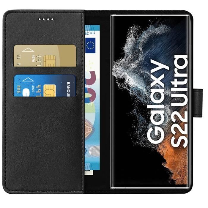 Capa Carteira - Phonillico® - Samsung S22 ULTRA 5G - Preta - Efeito Couro - Compartimentos para Cartões