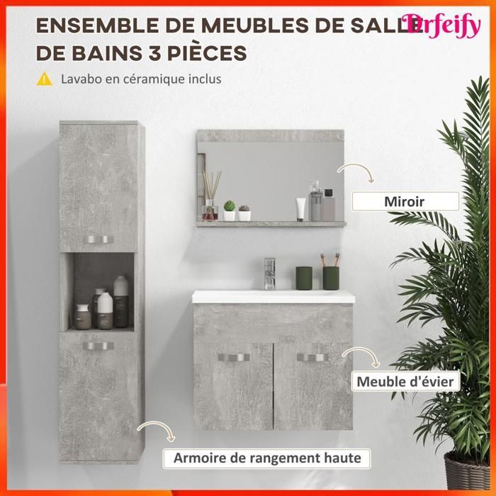 Ensemble de meubles de salle de bain - AKOZON - 8643 - 4 pièces - Gris - Suspendu - Vasque céramique