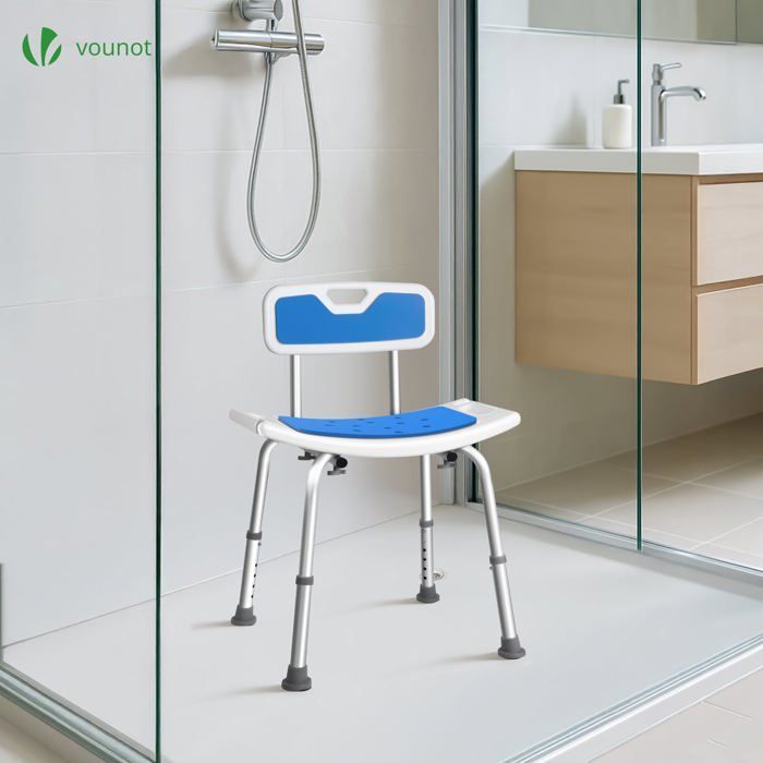 Silla de ducha VOUNOT® con respaldo ergonómico - Altura ajustable - Patas antideslizantes - Asiento de aluminio y HDPE - Azul
