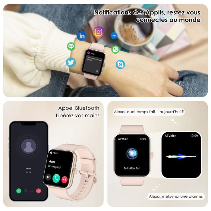 Smartwatch da donna Blackview con chiamate Bluetooth, display da 1,85'', SpO2/impermeabile/sonno/calorie/oltre 100 modalità sportive/IP68, rosa