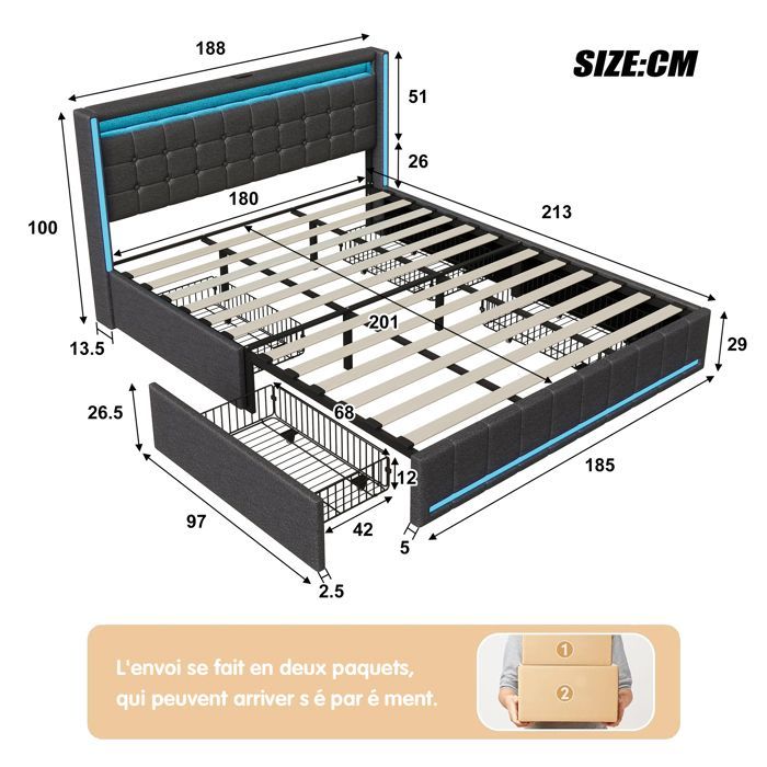 Cama doble de 180 x 200 cm, cama individual de 180 x 200 cm con 4 cajones, puerto USB e iluminación LED, estructura de cama con cabecero, ropa de cama, gris oscuro.