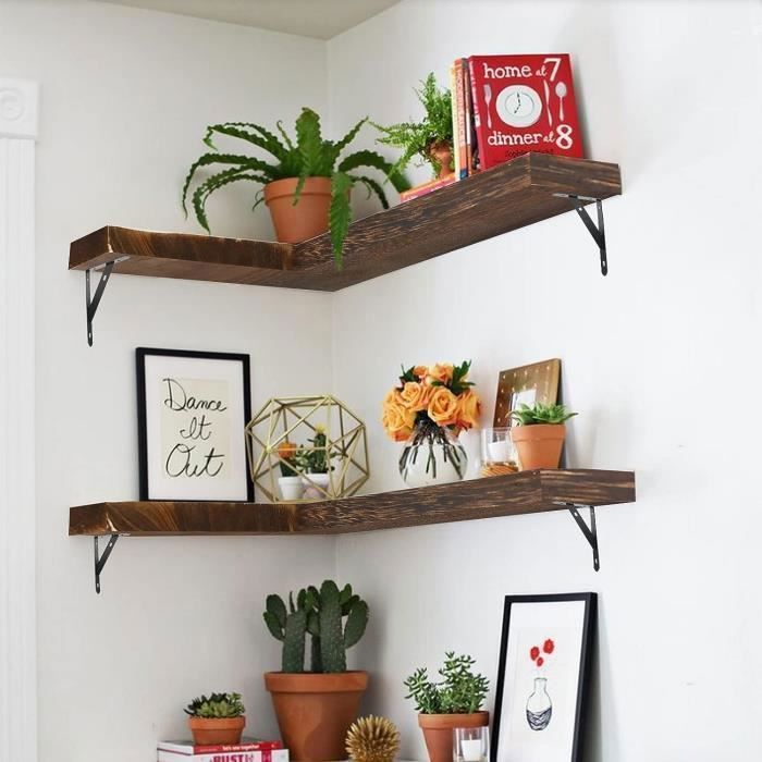 Estantes flotantes de esquina, estante de pared de madera con soportes metálicos para la decoración de la sala de estar, el dormitorio, la cocina y la oficina.