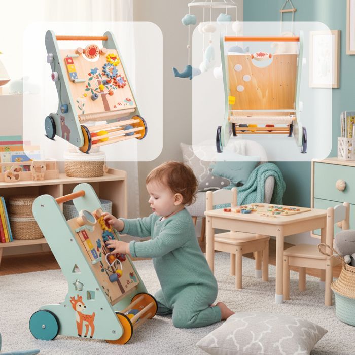 Houten loopstoel voor baby's vanaf 12 maanden met activiteitenpaneel inclusief sorteerder, in elkaar grijpende kralen en cijferblokken.
