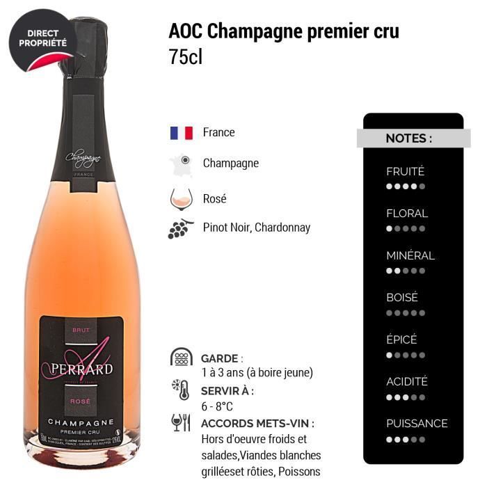 Champagne premier cru Brut Rosé Rosé - Lot de 3x75cl - Champagne Perrard Arnaud - Cépages Pinot Noir, Chardonnay