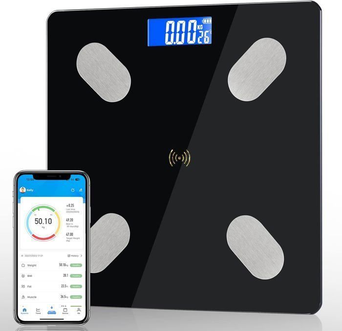Balanza de composición corporal - Balanza USB LED CONRIDEL - Aplicación con conexión Bluetooth - 26 puntos de datos corporales para iOS y Android
