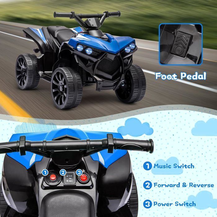 Kids Electric Quad Bike, Electric Ride-On Car for Children with LED Lights and Music, 1.5-3 km/h, Horn, ATV for Children 3+, Blue