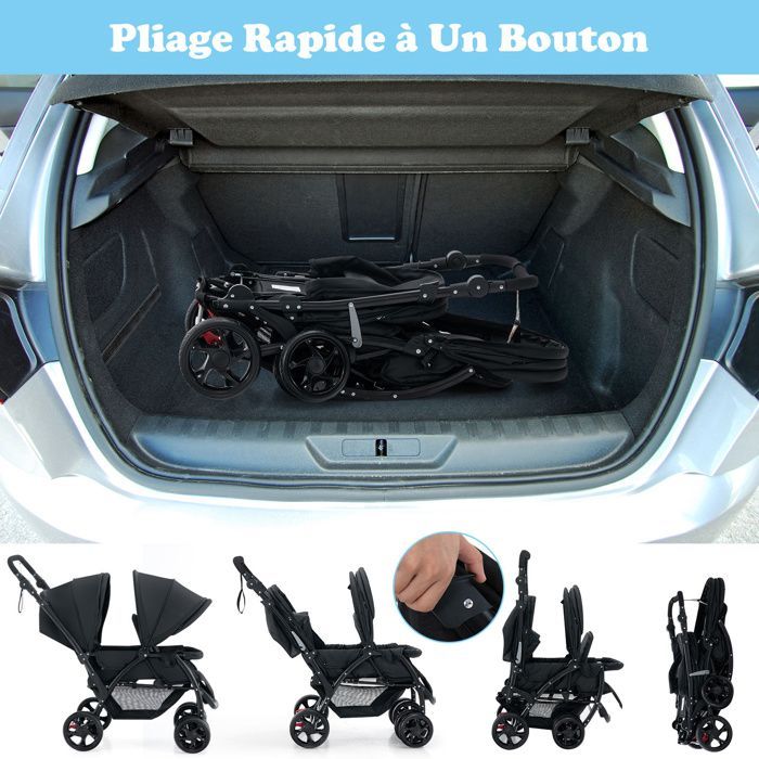 DREAMADE Lichtgewicht opvouwbare duowandelwagen voor 2 baby's, tandemzitje, verstelbare rugleuningen en voetsteunen, ééntrapsrem, zwart
