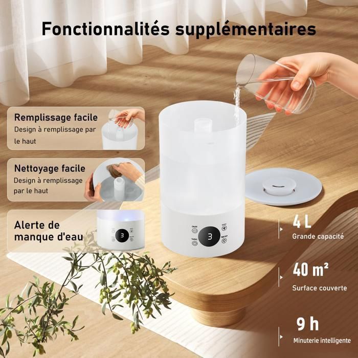 Humidificador AIMIUVEI - 4L - Boquilla de 360° - Apagado automático - 300ml/h - Pantalla LED - Luz nocturna silenciosa para oficina, bebés y plantas