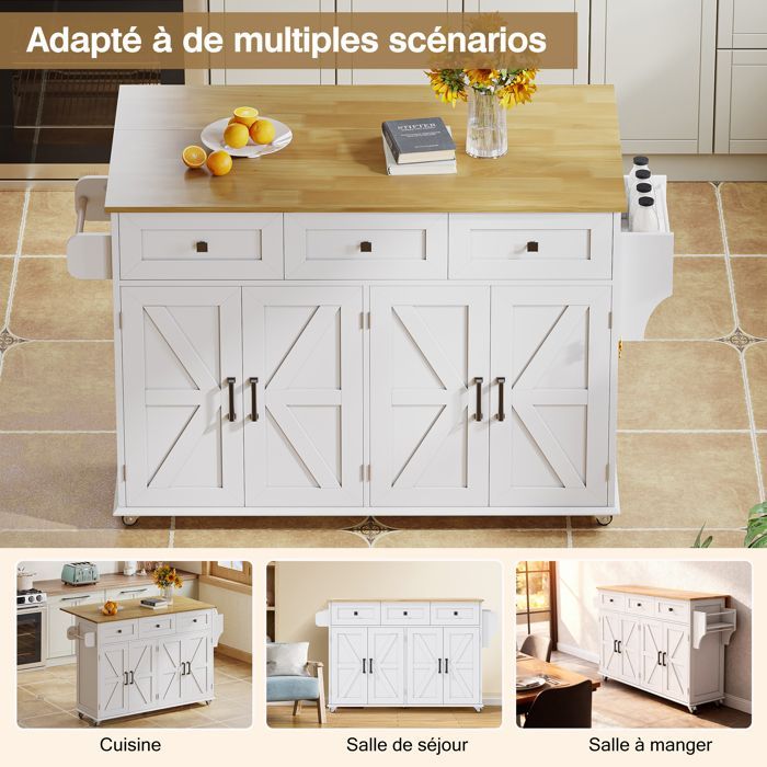 Isla de cocina con 5 ruedas con freno, 4 puertas y 3 cajones. Mesa de comedor con servilletas. Color blanco. Medidas: 140 × 43-70 × 90,5 cm.