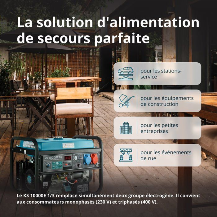 Groupe électrogène essence KS 10000E-1-3, système de commutation de phase (VTS) d'une puissance maximale (230V/400V) de 7500W/8000 W