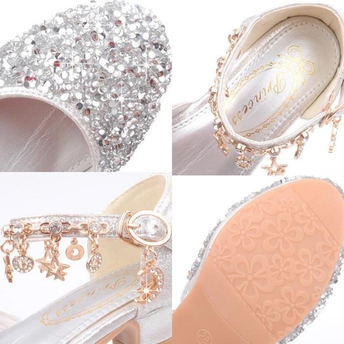 Sandalias de princesa con tacón alto y purpurina para niñas - INSFITY - Plateado - Rosa - Tacón de bloque de 3 cm