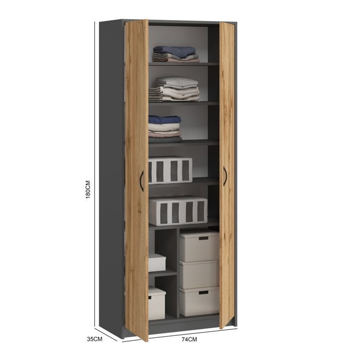 Armario de oficina de 2 puertas - Armario multiusos - 74x35x180cm - 6 estantes - Mueble de almacenamiento - Aspecto de madera + Gris