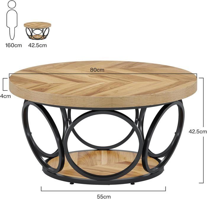 Tribesigns Table Basse Ronde, 80 x 80 x 43 cm Table de Salon, Table de canapé, Table Basse à 2 étages, Grain de Bois