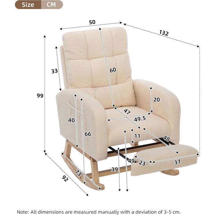 Mecedora - LEMONBEST - Reposapiés extensible 132×50×99 cm - Terciopelo Teddy - Madera maciza - Beige