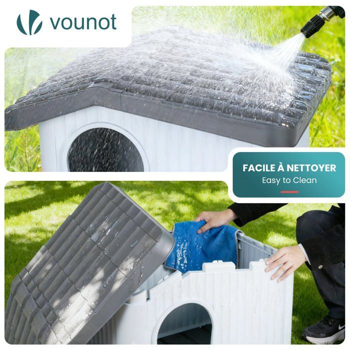 Caseta/perrera impermeable de plástico VOUNOT® para gatos y perros, 60x51x41cm - Techo inclinado desmontable - Apta para uso interior y exterior - Blanca