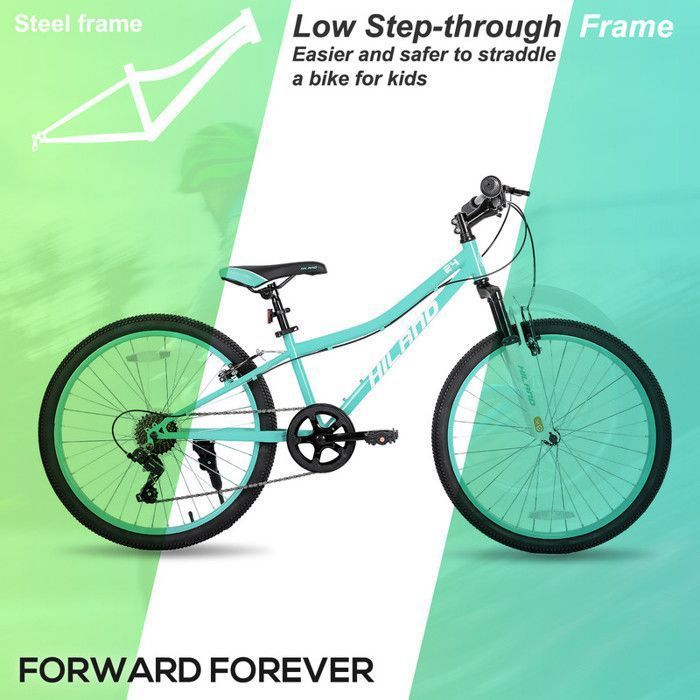 Bicicleta infantil Hiland de 24 polegadas, câmbio Shimano de 7 velocidades, bicicleta de montanha unissex, suspensão dianteira, freios V-Brake - Verde