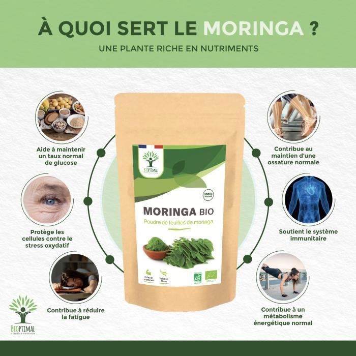 Moringa Bio - 100% Feuilles de Moringa Oleifera en Poudre - Glycémie - Conditionné en France - Vegan - 100g
