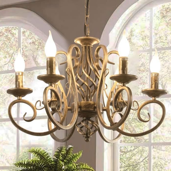 Ganeed Lustre de campagne français, lustre en fer forgé à 6 lumières de ferme rustique pour cuisine,E14,