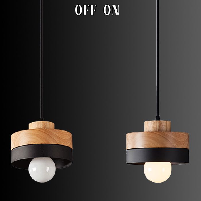 SNOGOLD Moderne ronde hanglamp met houten en zwarte metalen kap, E27 plafondlamp voor de woonkamer