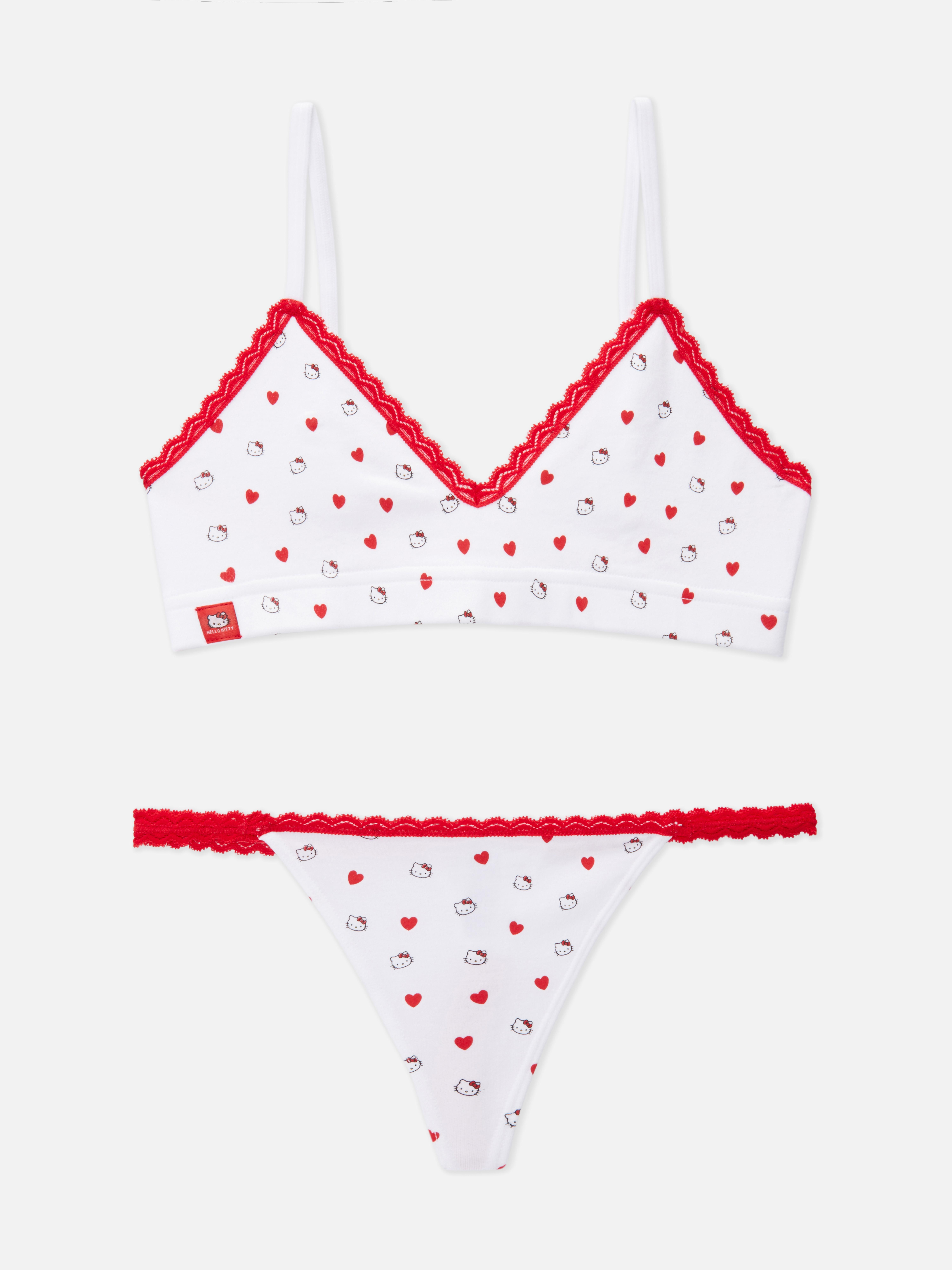 Hello Kitty háromszög alakú melltartó és tanga szett. Ez a csipkés és mintás Hello Kitty fehérnemű szett aranyos és kényelmes.