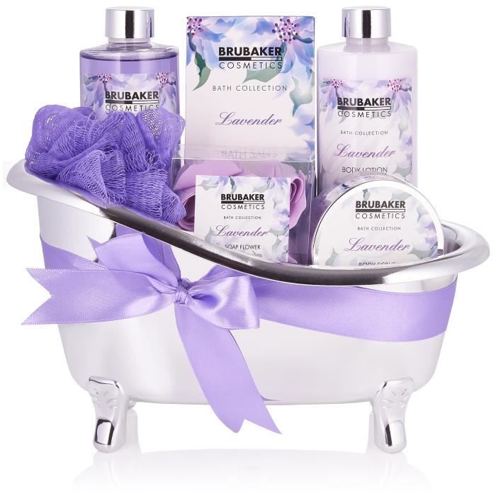 BRUBAKER Cosmetics Coffret de bain & douche - 7 pcs. - dans une baignoire décorative - Idée cadeau - Lavende