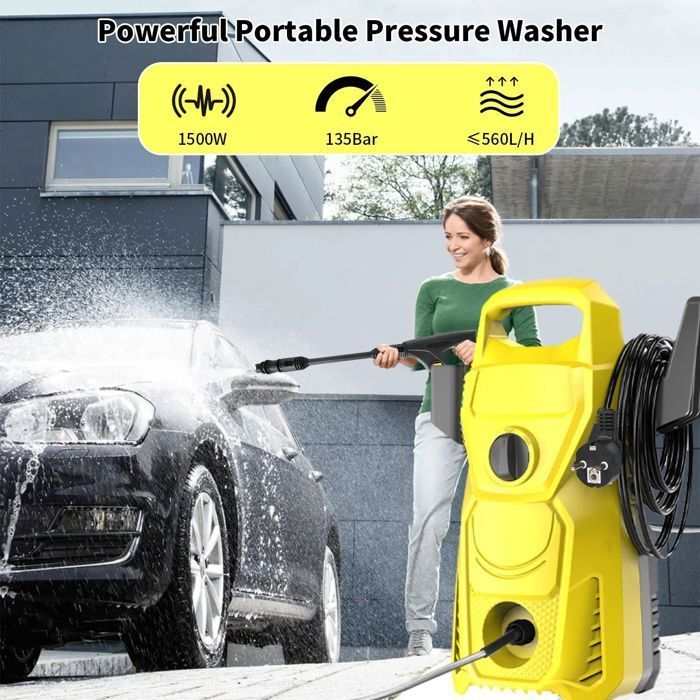 BAZARLAND30. 1500w 135bar electric high-pressure cleaner with 10m water hose and adjustable nozzle for car cleaning
