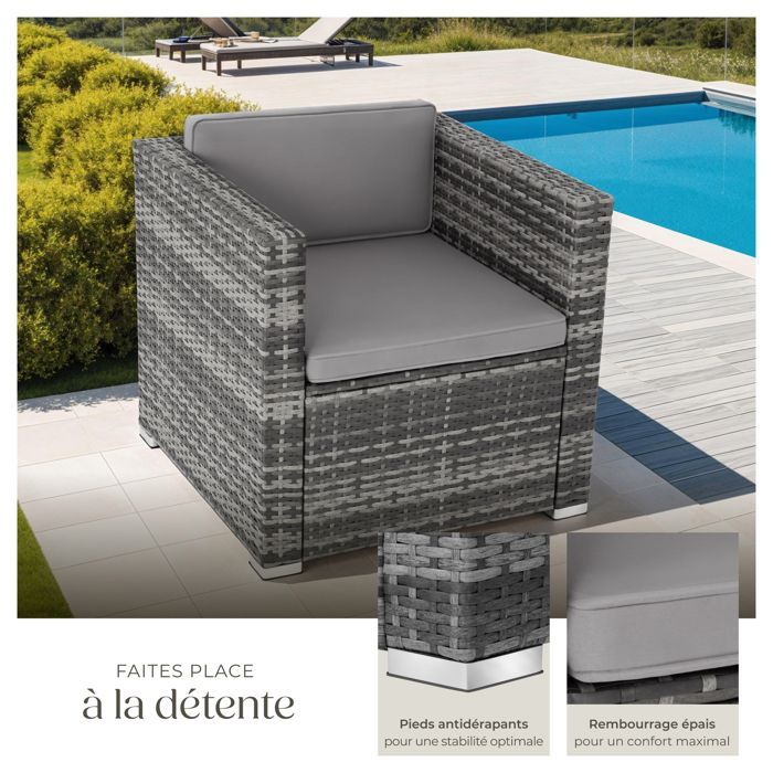 Poltrona da giardino - TECTAKE - LIGNANO, seduta da giardino in rattan, resistente ai raggi UV, 70 x 69 x 65 cm - Grigio