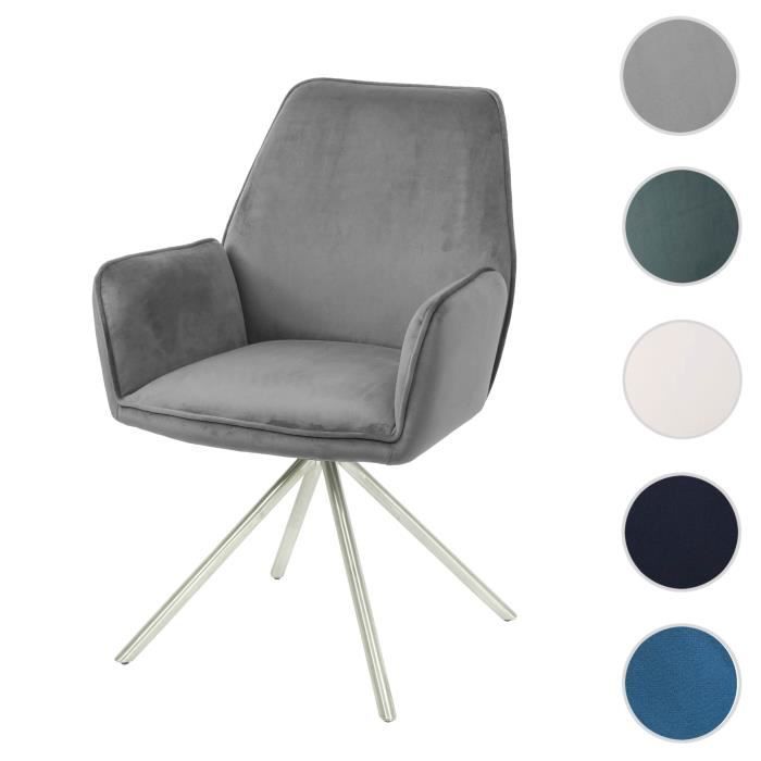 Chaise de salle à manger - HWC - G67 - Accoudoirs pivotants - Velours gris foncé - Inox