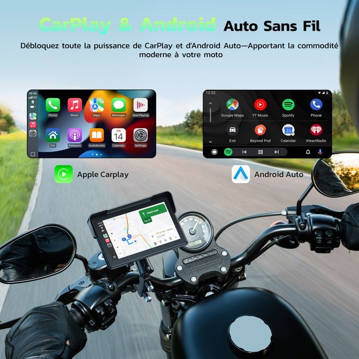 Radio para coche CAMPARK de 7'' con CarPlay para motocicletas, pantalla táctil, resistente al agua IP67, compatible con Apple CarPlay y Android Auto, inalámbrica Bluetooth/WIFI/GPS.