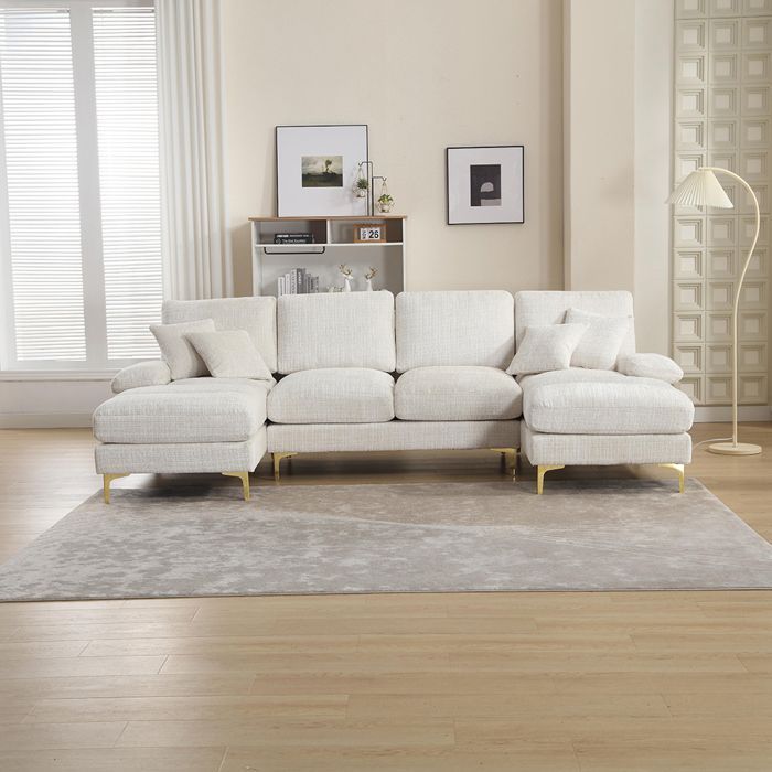 U-shaped chenille sofa with reclining seats, beige