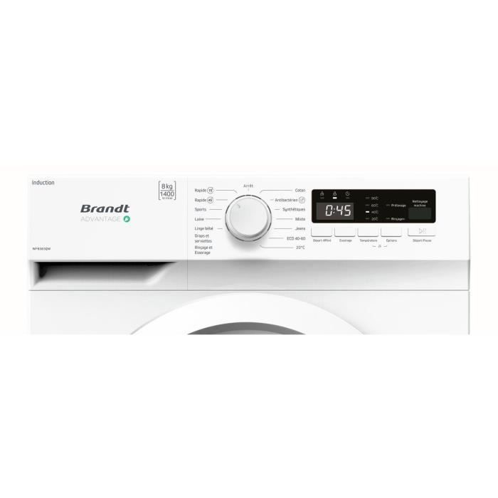 Máquina de lavar roupa de carregamento frontal BRANDT WFB383QW - 8 kg - Indução - 60 cm de largura - 1400 rpm - Classe energética A - Branca