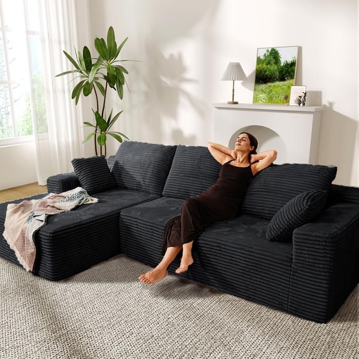 Divano angolare sinistro 263x171x59cm, 4 posti, forma libera, non richiede montaggio, divano a L con chaise longue, velluto a coste nero