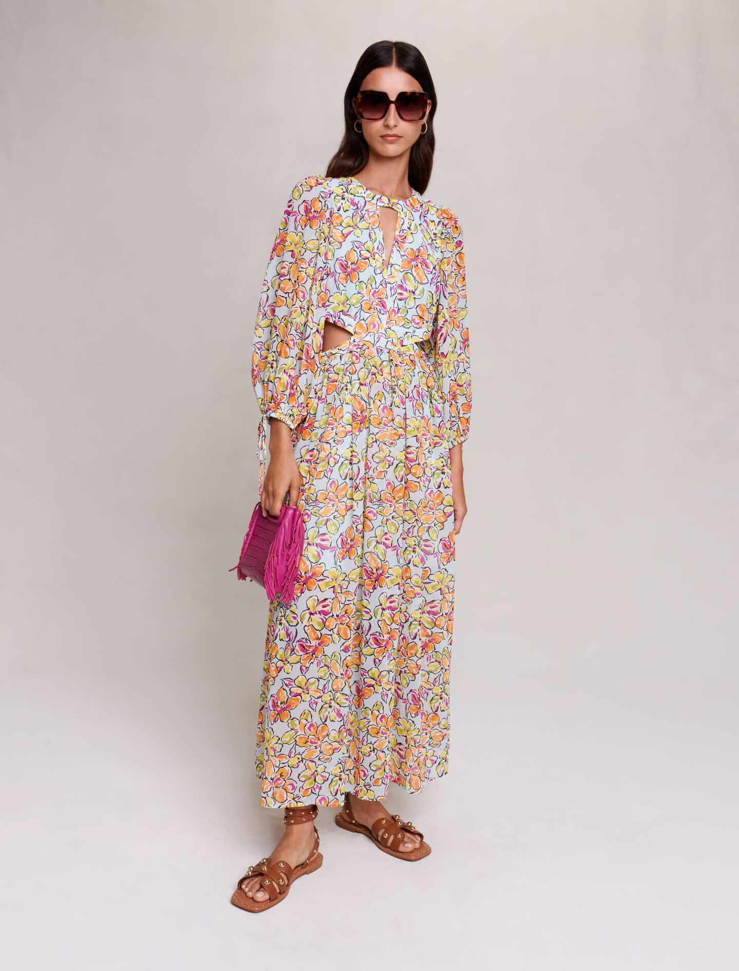 Rochie lungă plisată cu imprimeu - Hibiscus portocaliu / albastru