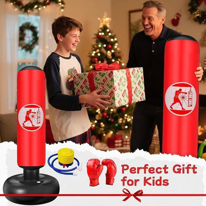 Set regalo per bambini composto da sacco da boxe gonfiabile autoportante da 160 cm con pompa ad aria e guantoni da boxe - Rosso